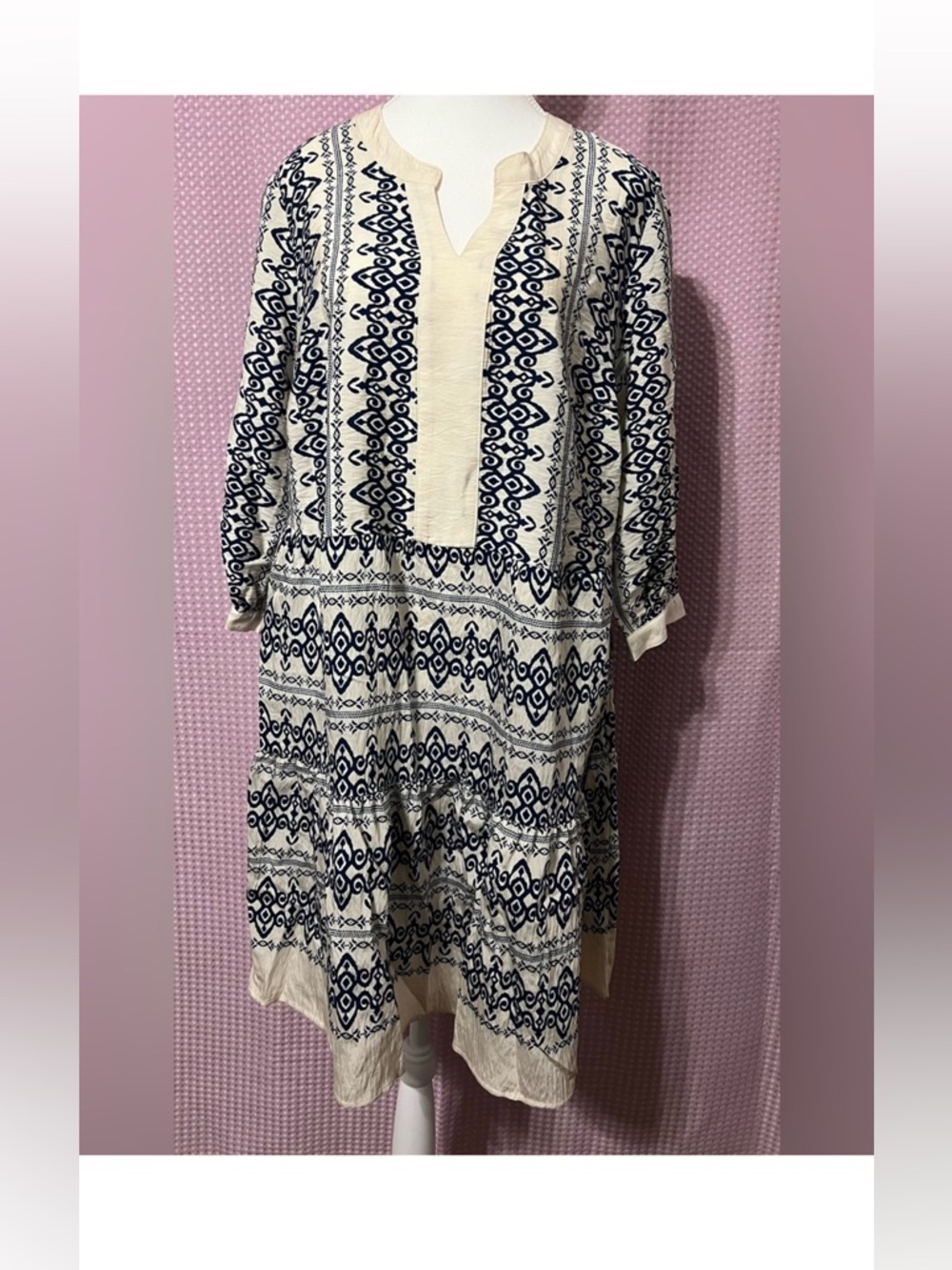 fig and flower Cream and Navy Printed Long Sleeve Boho Dress